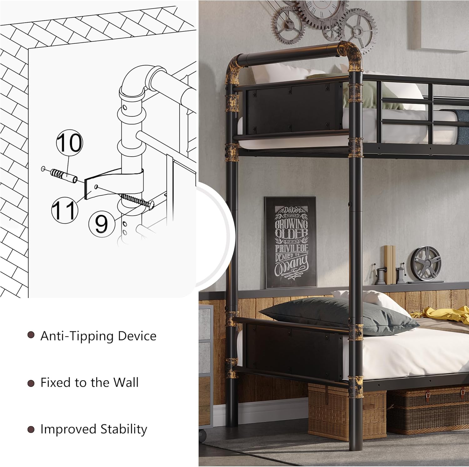 2 IN 1 Metal Bunk Bed Twin Over Twin, Convertible Twin Bunk Beds into 2 Individual Twin Size Bed for Kids Adults - Image 9