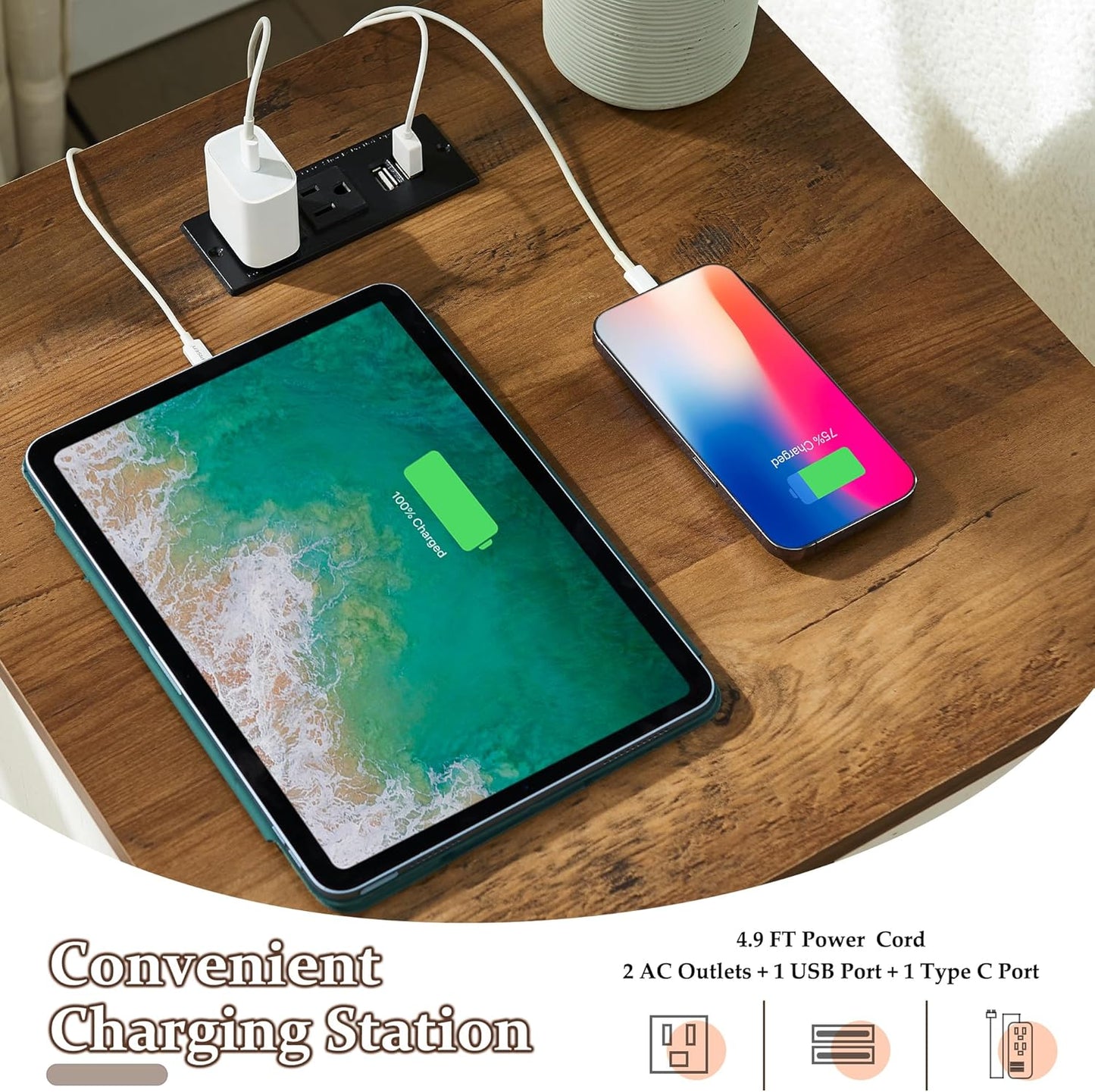 2 DRAWERS Nightstand with Charging Station - White - Image 4