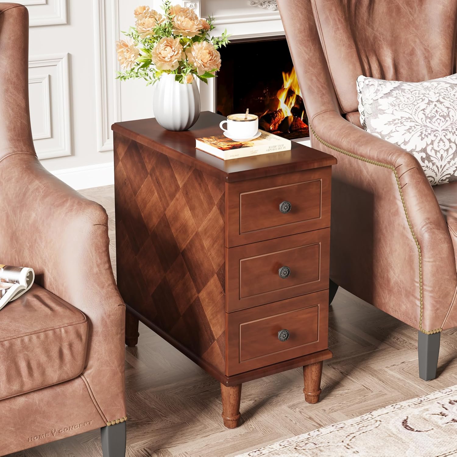 Solid Wood End Table, Fully Assembled Narrow Side Table with Drawers - Brown - Image 4