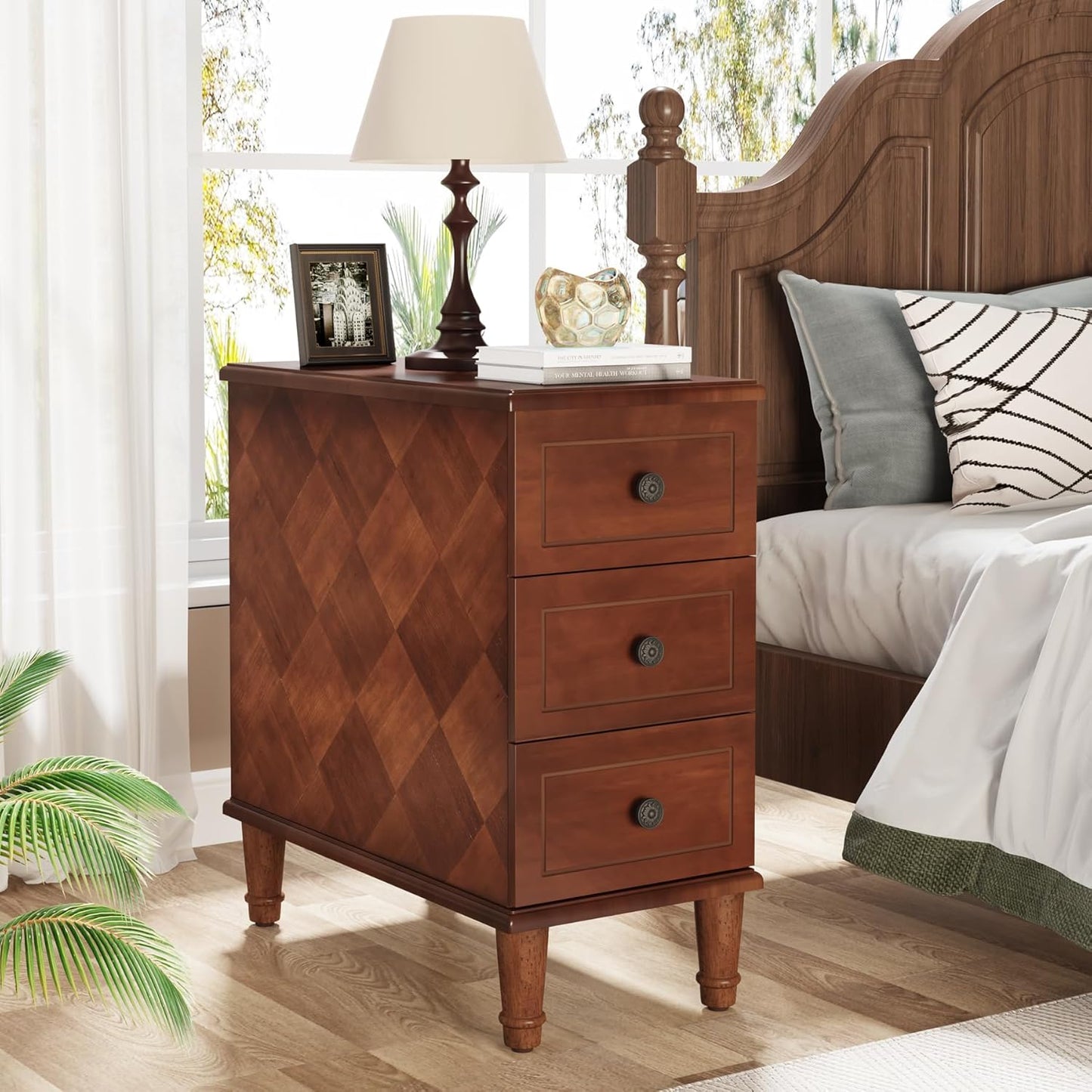 Solid Wood End Table, Fully Assembled Narrow Side Table with Drawers - Brown - Image 7