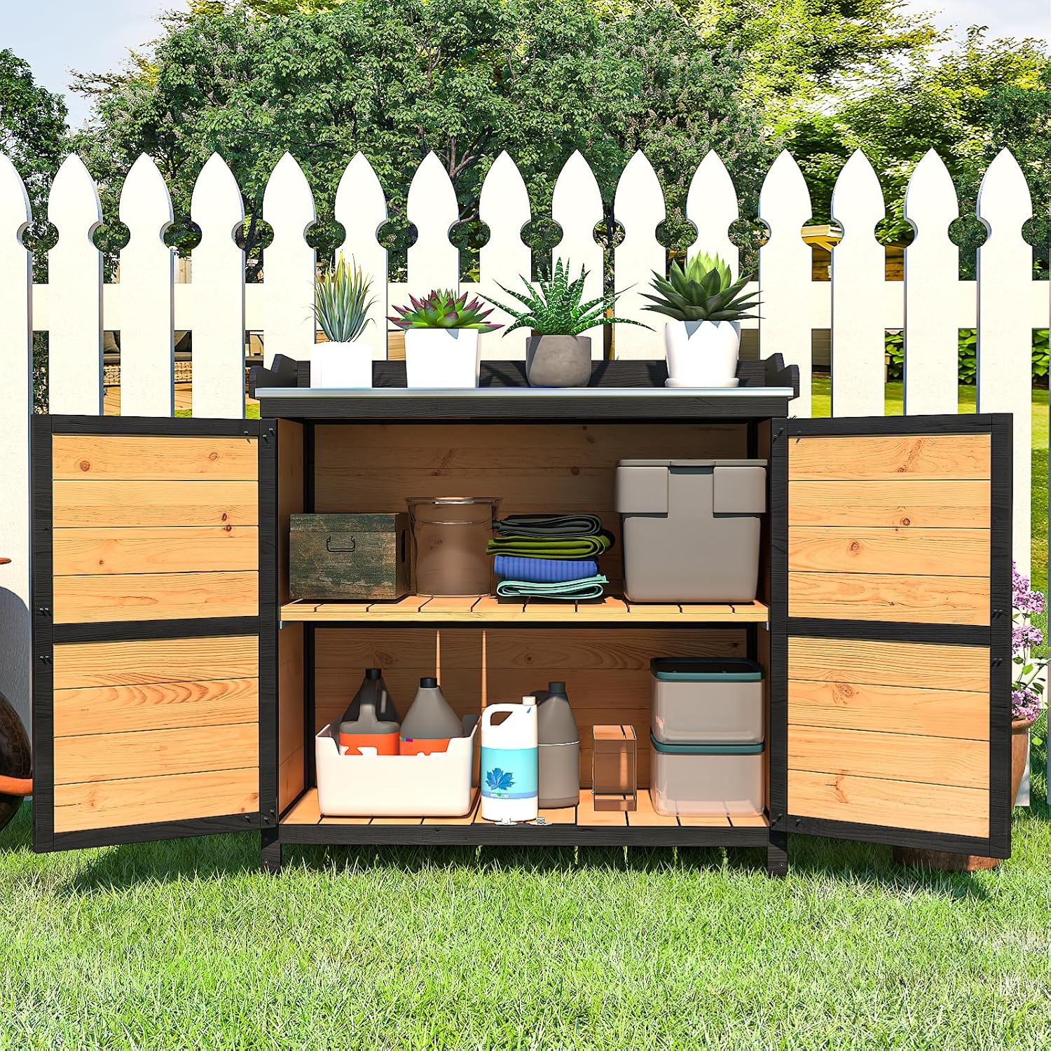 Outdoor Storage Cabinet with Metal Table Top - Image 2