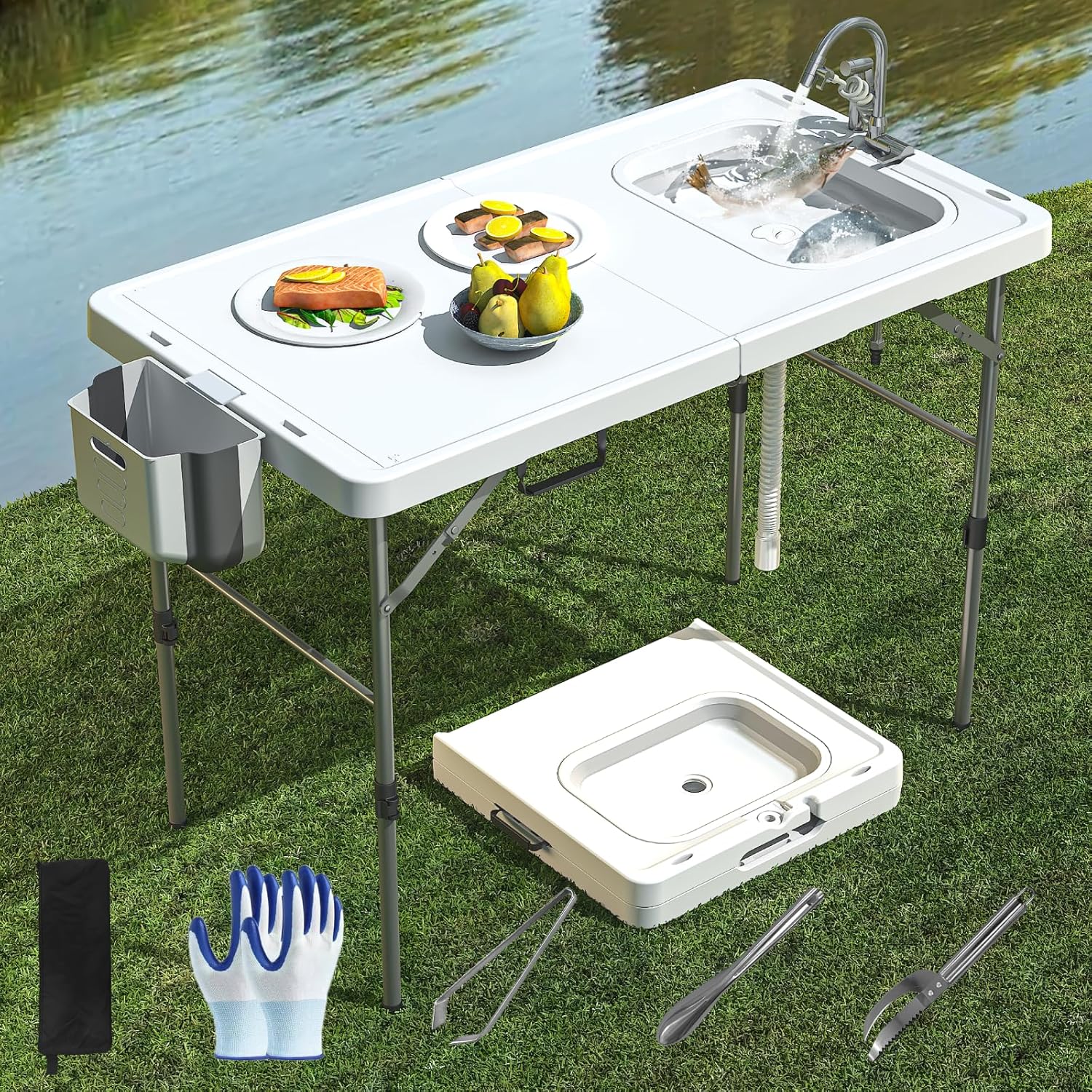 Folding Fish Cleaning Table with Sink, 50"x27" Bi-Folding Portable Camping Sink Station - Image 1