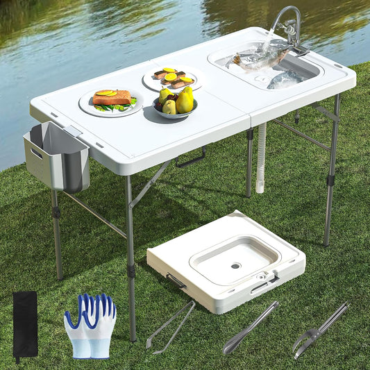 Folding Fish Cleaning Table with Sink, 50"x27" Bi-Folding Portable Camping Sink Station - Image 1