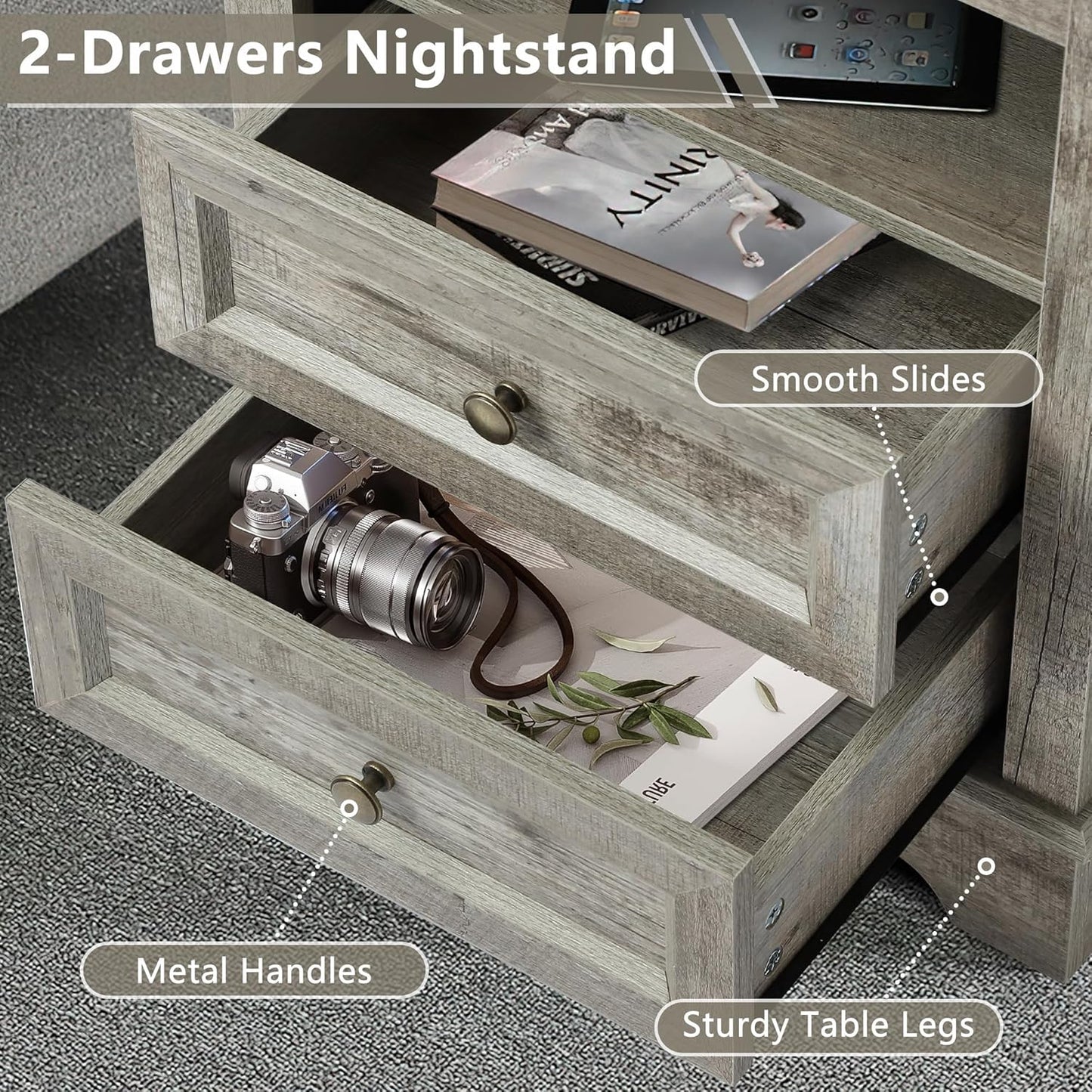 Farmhouse Night Stand with 2 Drawers with Charge - Set of 2 -Grey - Image 6