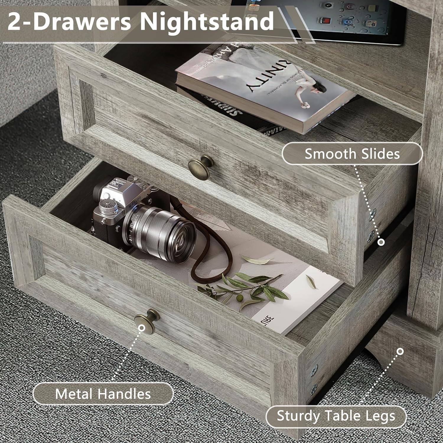 Farmhouse Night Stand with 2 Drawers with Charge - Set of 2 -Grey - Image 6