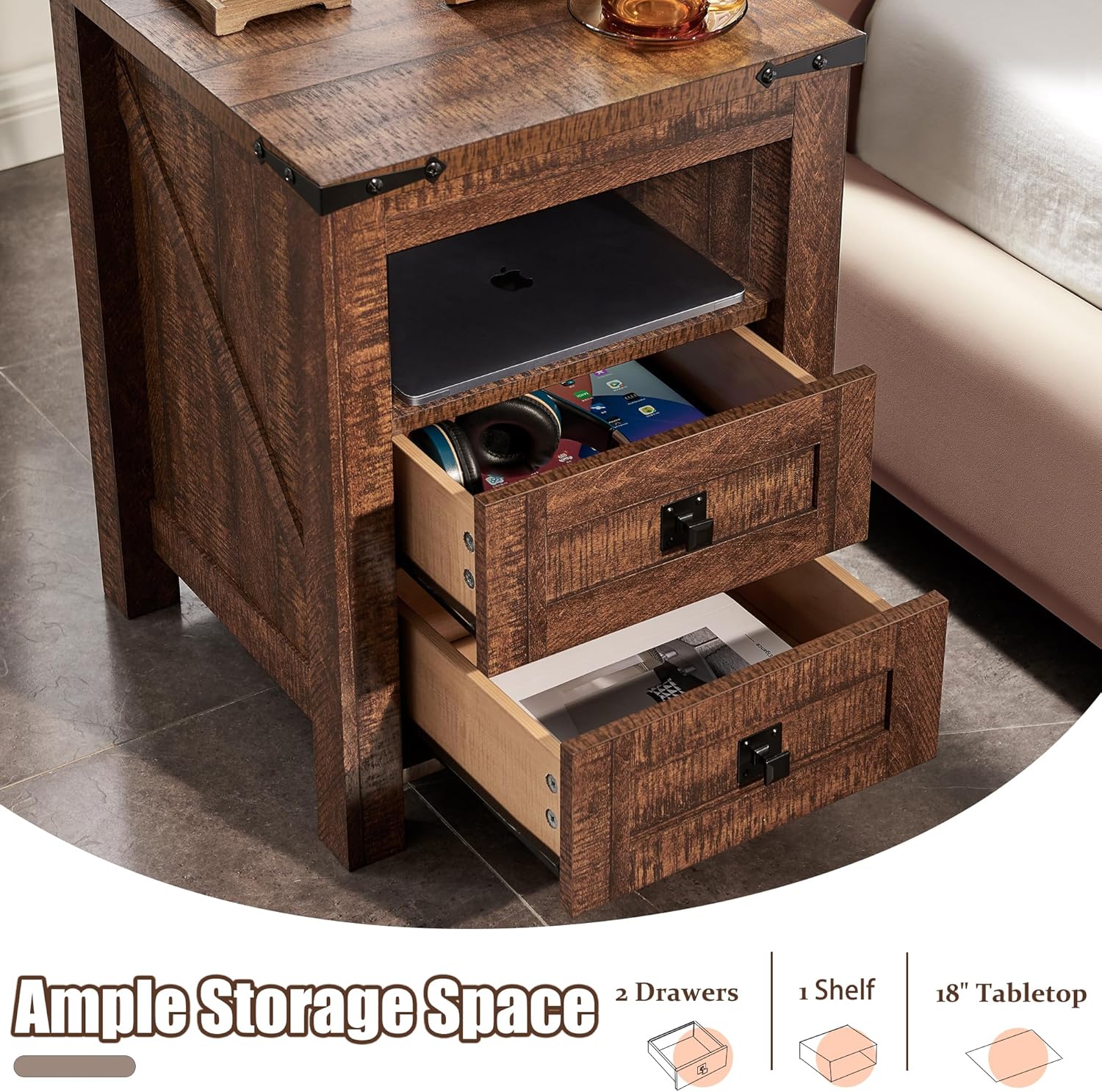2 DRAWERS Nightstand with Charging Station - Reclaimed Barnwood Color - Image 5