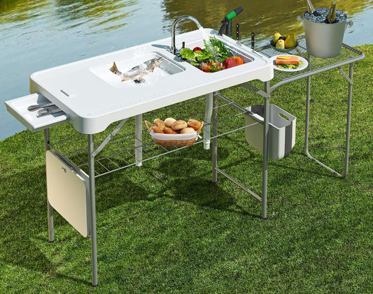 42.5" Fish Cleaning Table with Dual Sink, Portable Folding Camping Table - Image 1