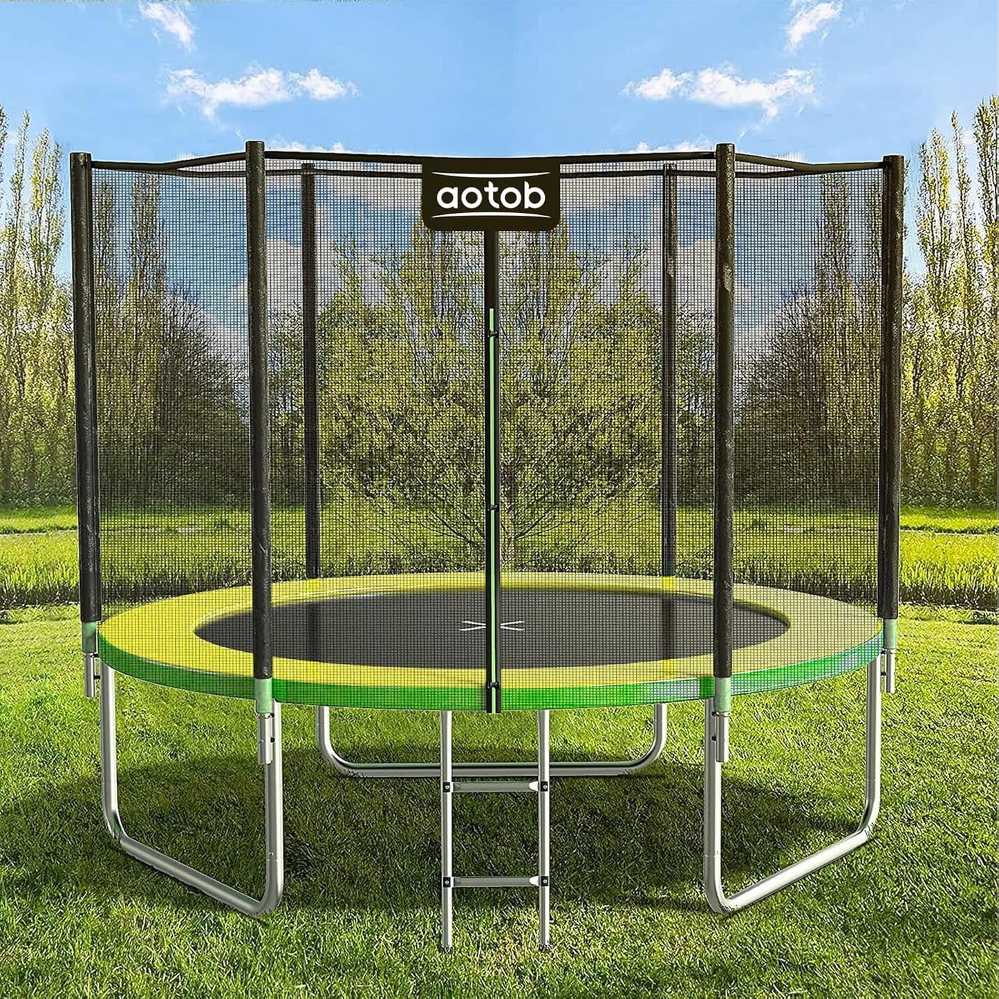 12FT Trampoline with Safety Enclosure Net - Green - Image 1