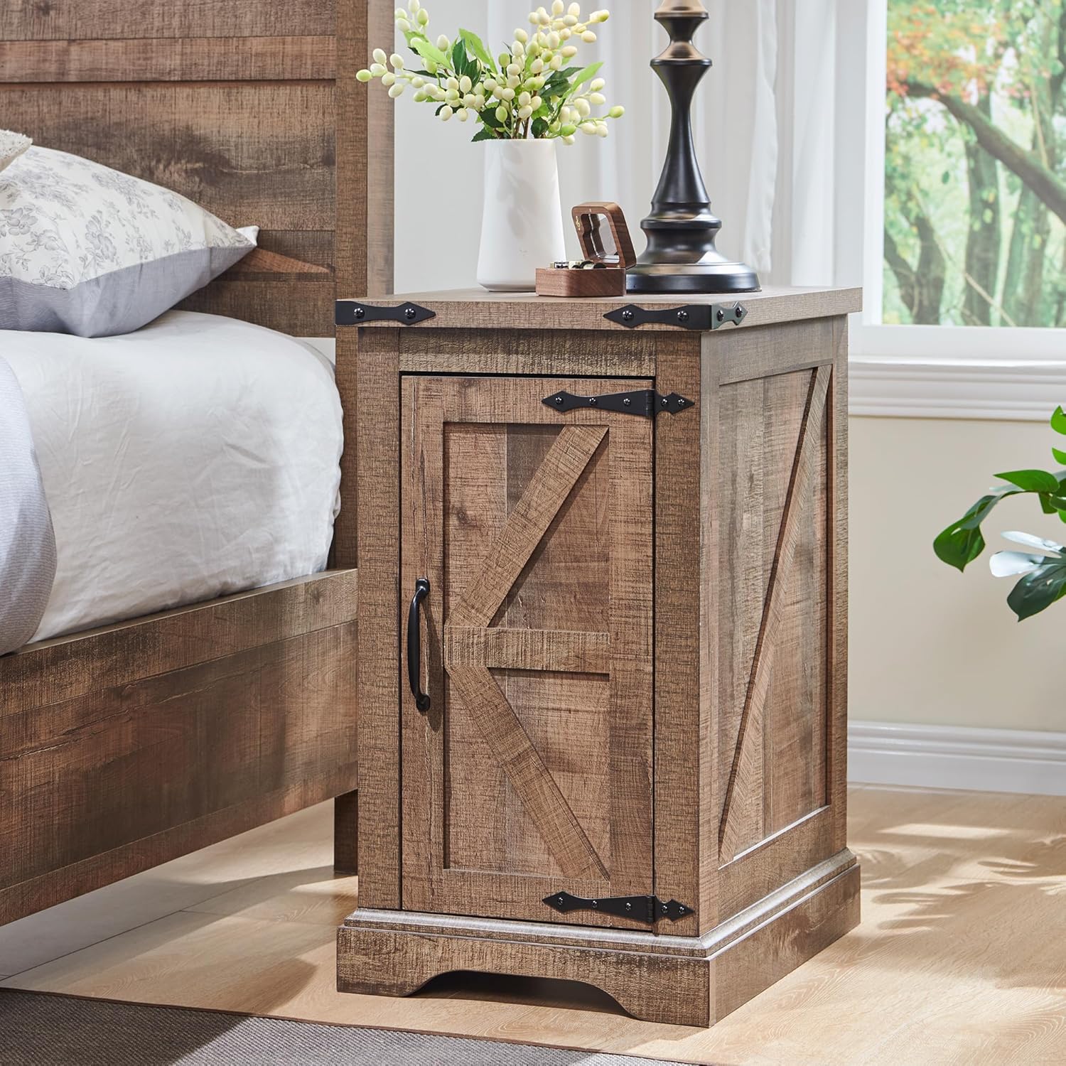 17" Farmhouse Nightstand with Charging Station - Brown - Image 3