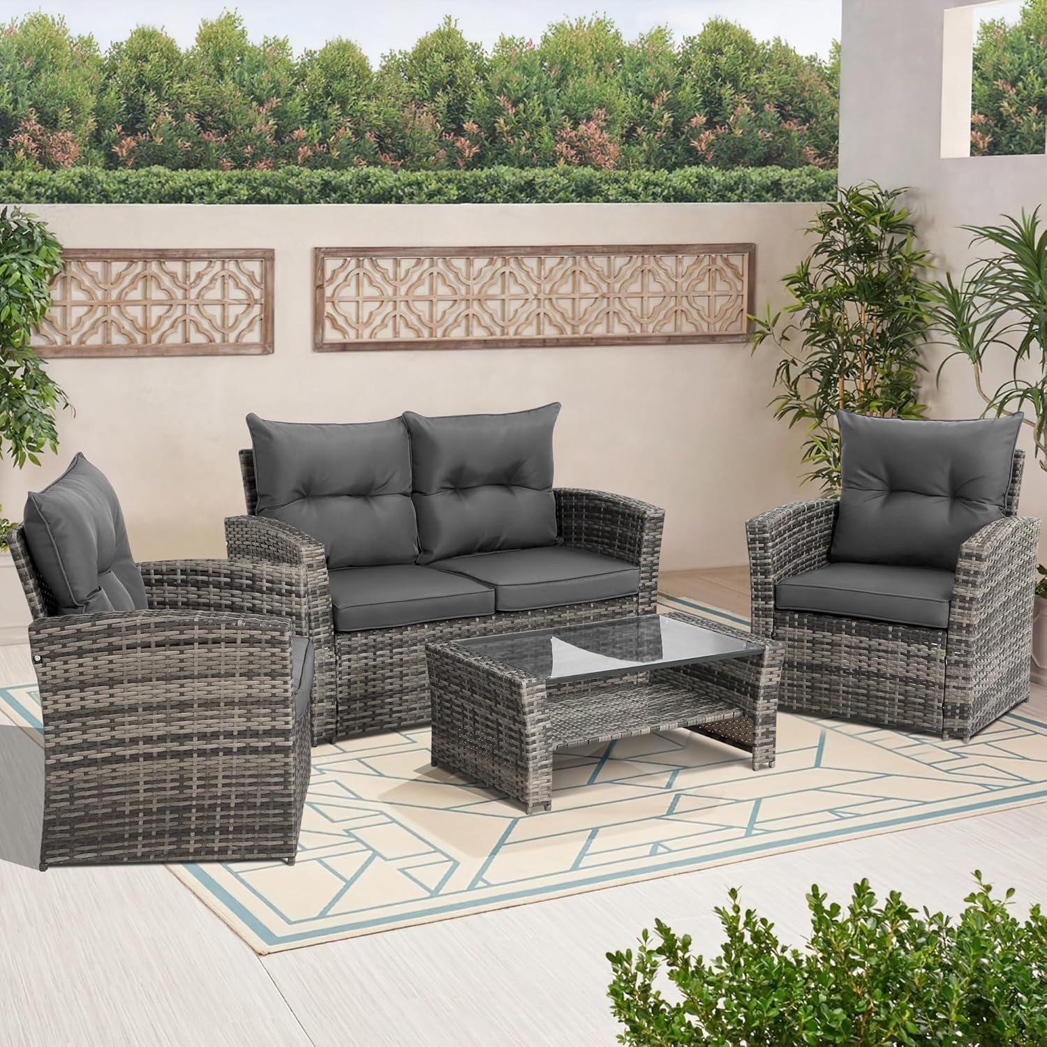4 Piece Outdoor Patio Furniture Set (Grey Cushion) -1 - Image 2