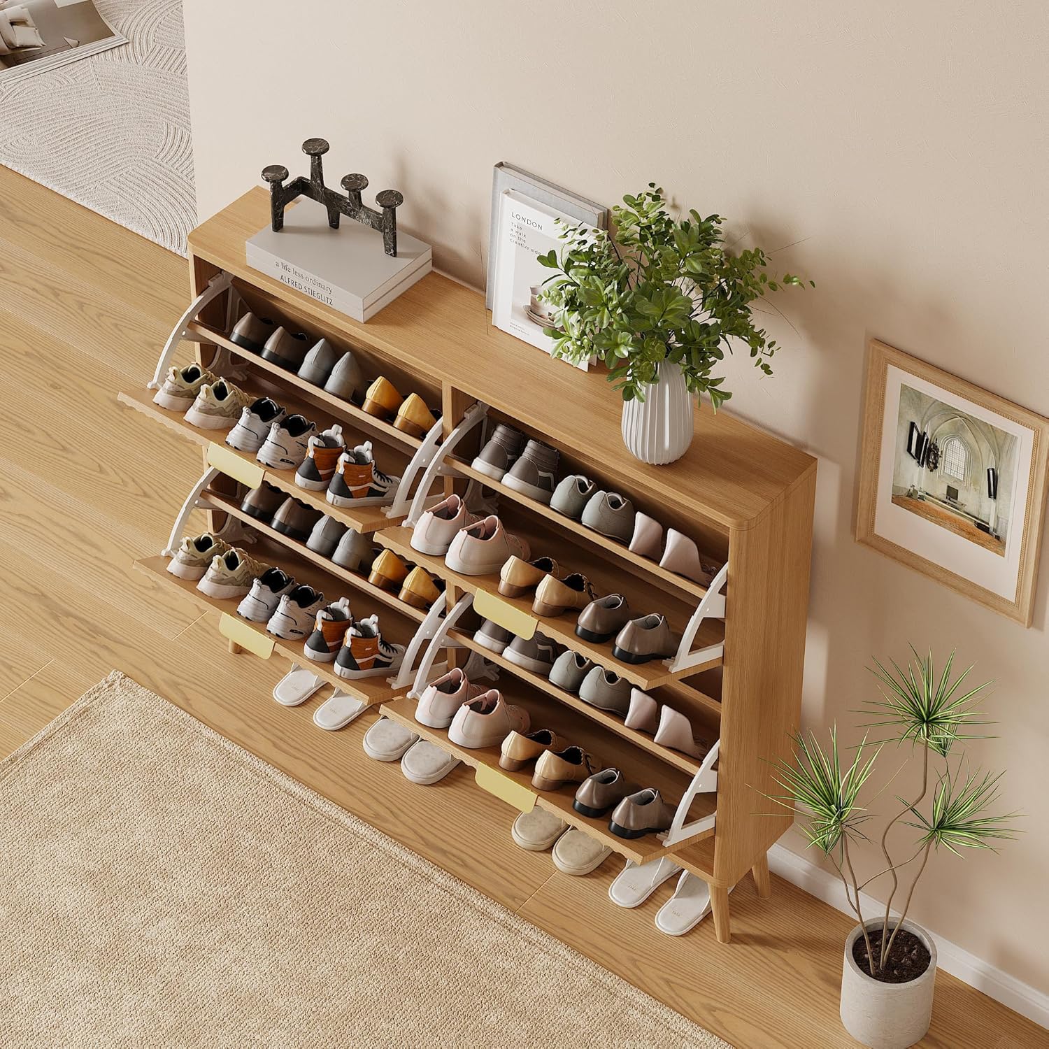 Narrow Shoe Storage Cabinet, Freestanding Shoe Cabinet Organizer for Entryway, Hallway (Oak, 4 Flip) - Image 4