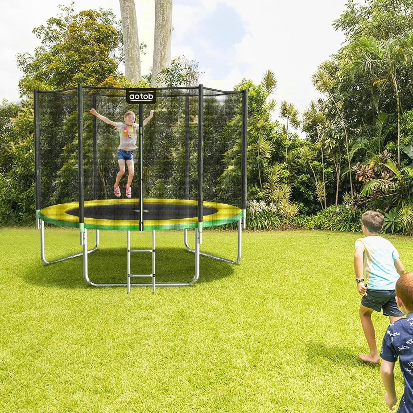12FT Trampoline with Safety Enclosure Net - Green - Image 3