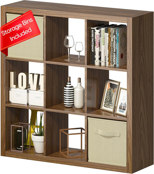 Bookshelf with Storage Bins, 9-Cube Storage Organizer Sturdy Wooden Bookcase - Image 1
