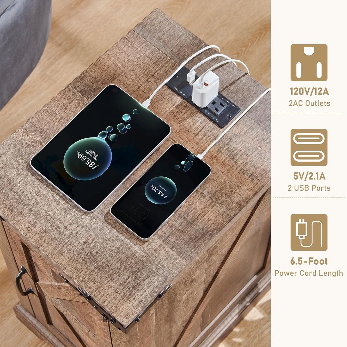 17" Farmhouse Nightstand with Charging Station - Brown - Image 4