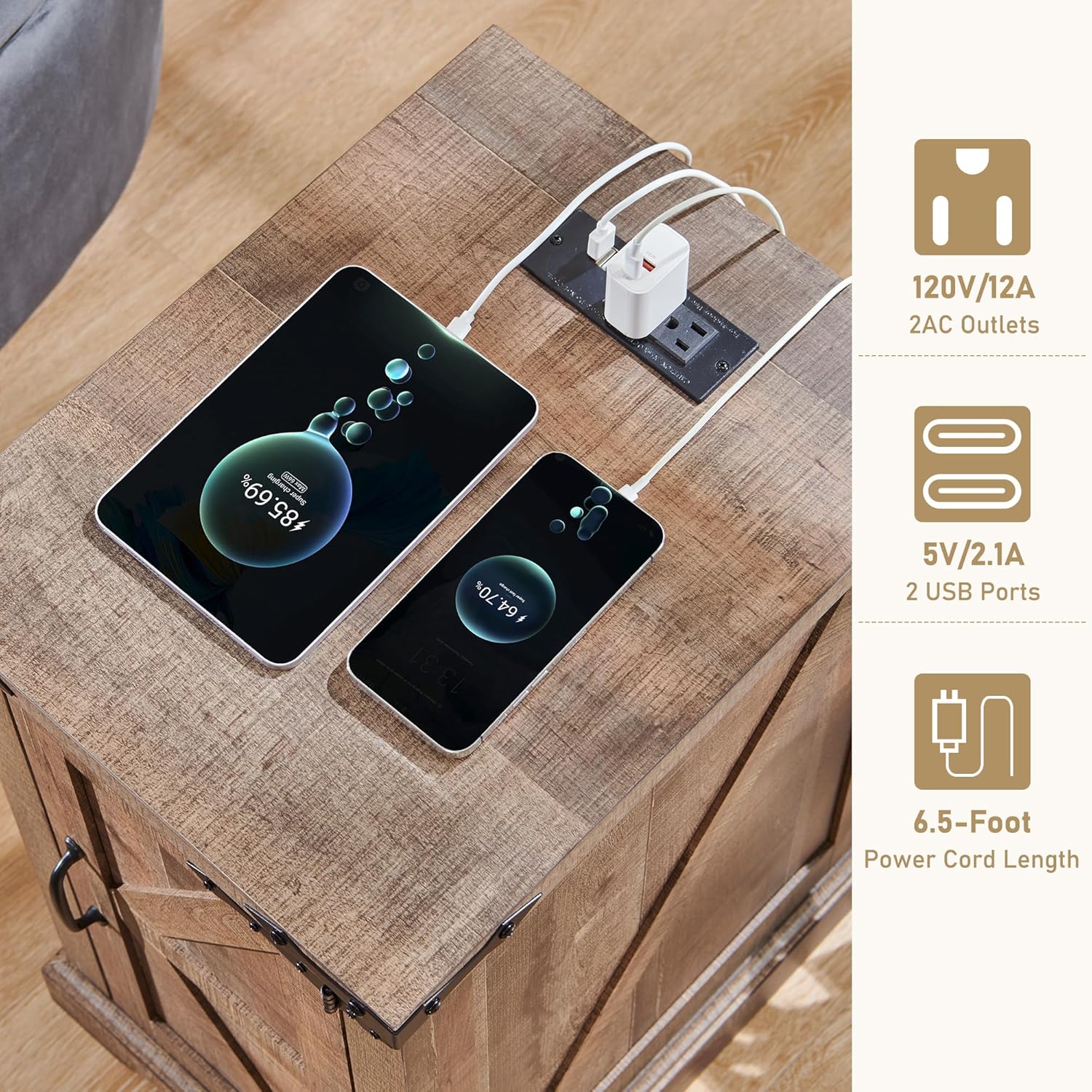 17" Farmhouse Nightstand with Charging Station - Brown - Image 4