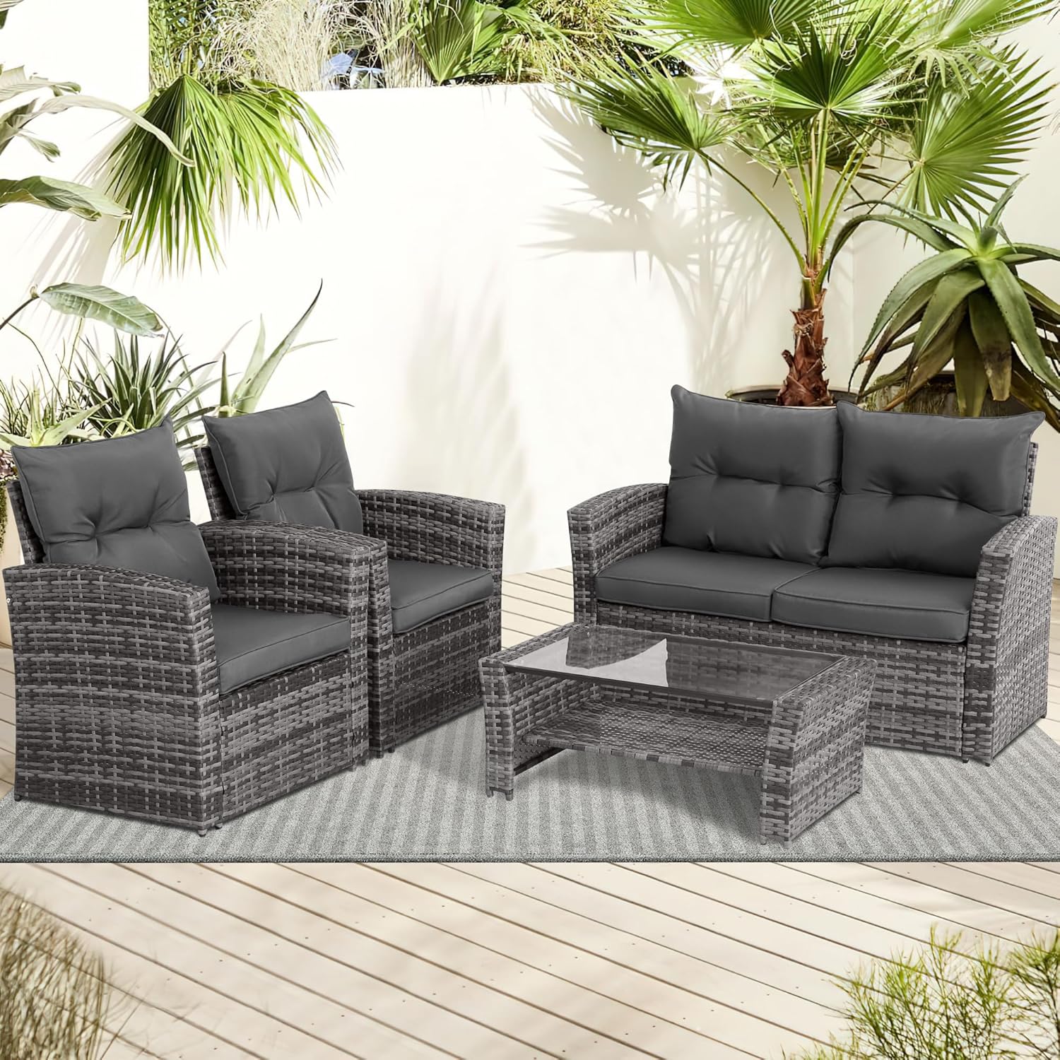 4 Piece Outdoor Patio Furniture Set (Grey Cushion) -1 - Image 8