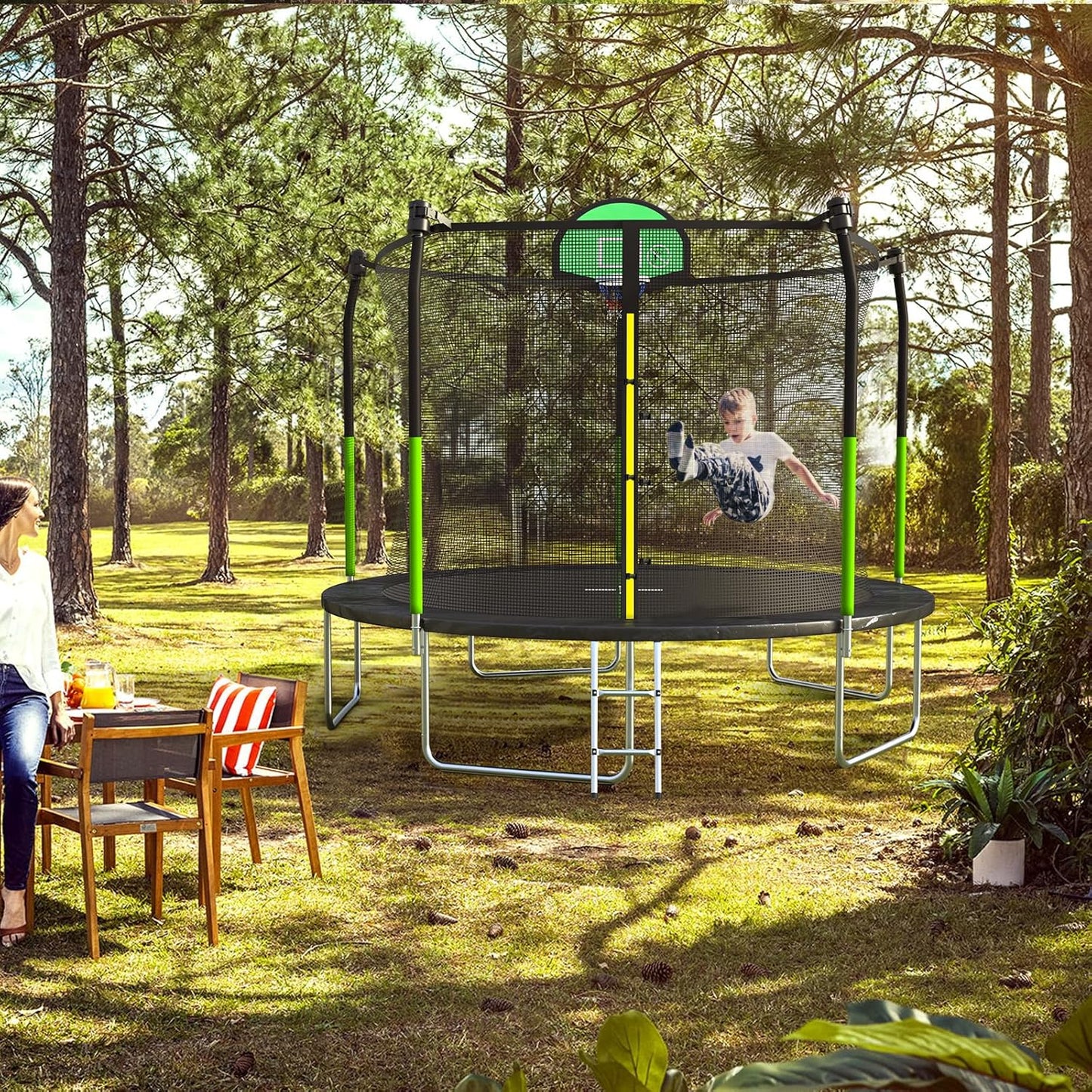 10FT Trampoline with Safety Enclosure Net - Green - Image 3