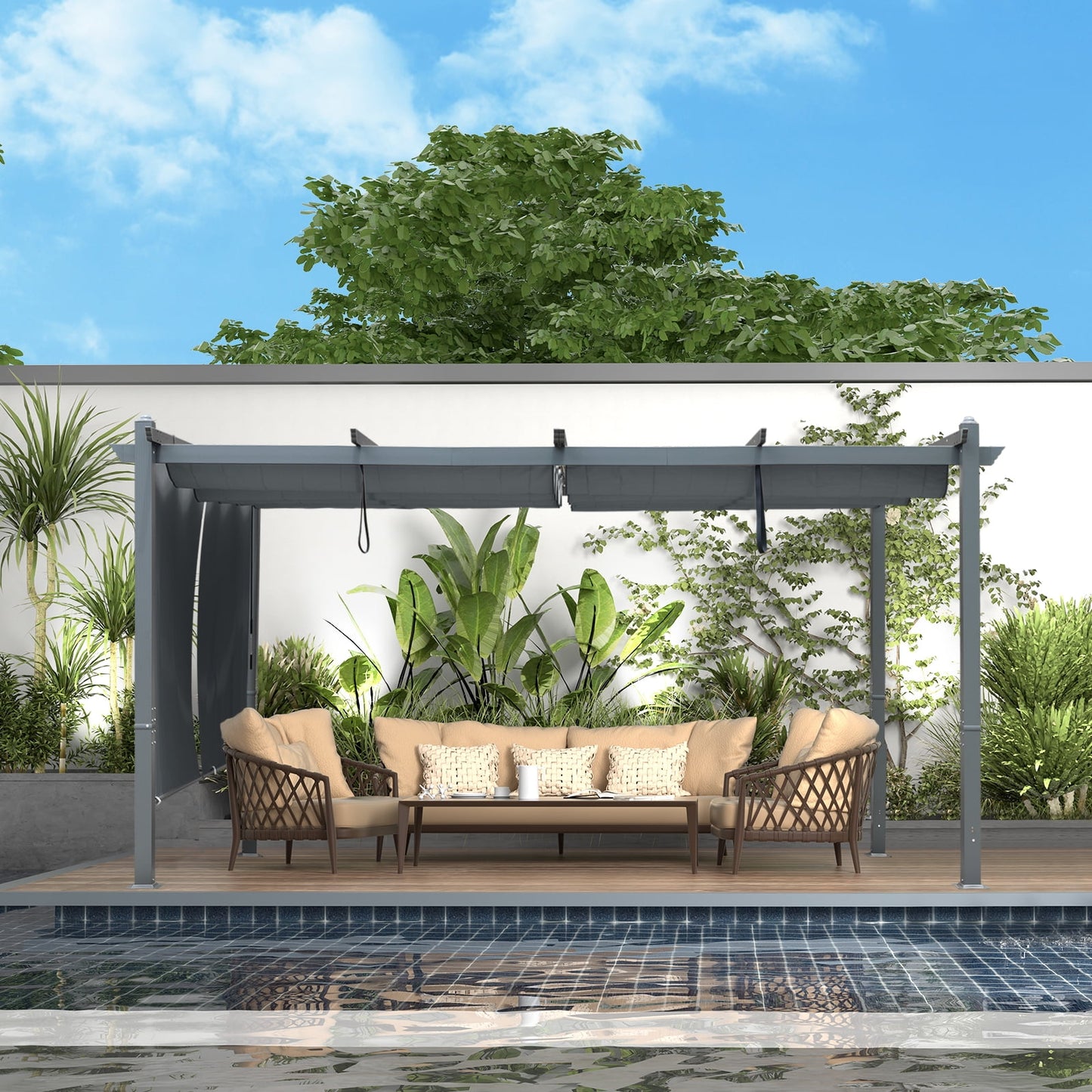 14 x 12 ft. Outdoor Pergola with Retractable Canopy and Sunshade Roller Curtains - Image 3