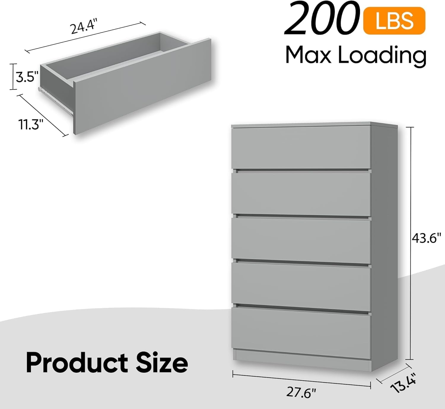 x 5 Drawer Dresser - Grey - SET OF 1 - Image 4