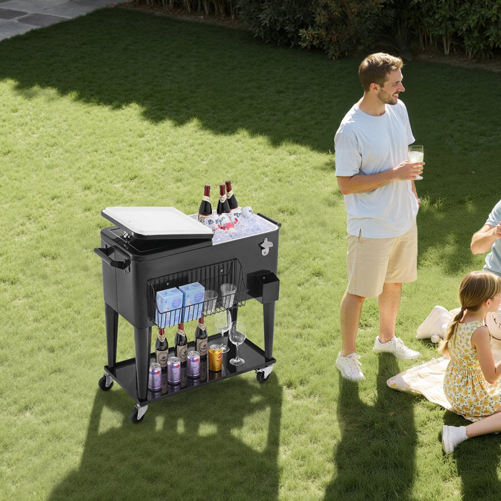 80 Quart Rolling Ice Chest, Holds up to 50 Bottles / 110 Cans, Portable Patio Party Bar Drink Cooler Cart with Bottom Shelf, Beverage Pool with Side Basket and Bottle Opener, Black - Image 5