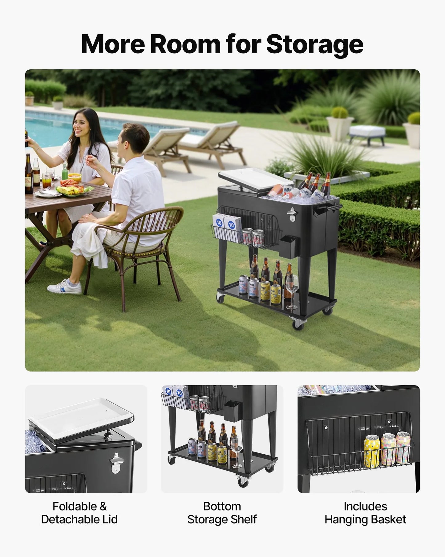 80 Quart Rolling Ice Chest, Holds up to 50 Bottles / 110 Cans, Portable Patio Party Bar Drink Cooler Cart with Bottom Shelf, Beverage Pool with Side Basket and Bottle Opener, Black - Image 7