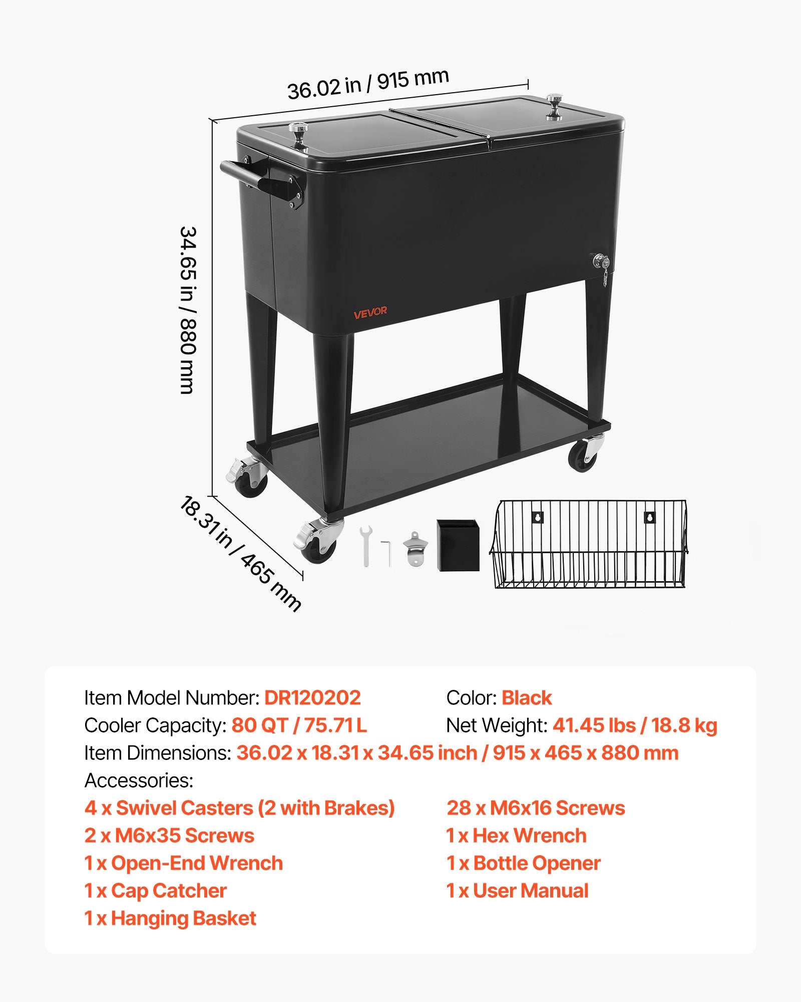 80 Quart Rolling Ice Chest, Holds up to 50 Bottles / 110 Cans, Portable Patio Party Bar Drink Cooler Cart with Bottom Shelf, Beverage Pool with Side Basket and Bottle Opener, Black - Image 2