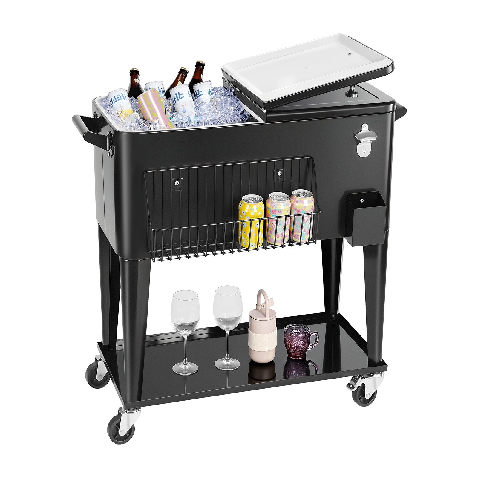 80 Quart Rolling Ice Chest, Holds up to 50 Bottles / 110 Cans, Portable Patio Party Bar Drink Cooler Cart with Bottom Shelf, Beverage Pool with Side Basket and Bottle Opener, Black - Image 6