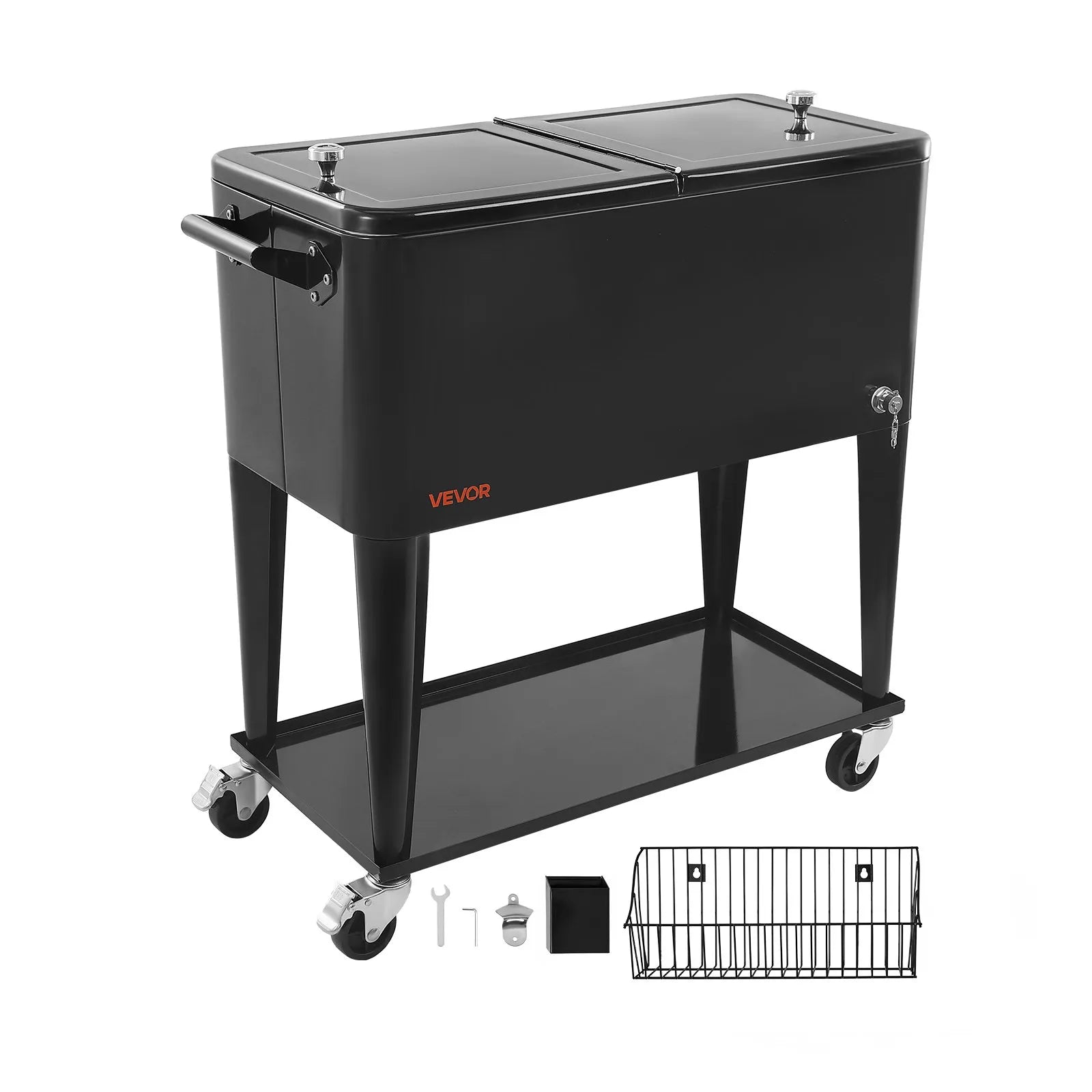 80 Quart Rolling Ice Chest, Holds up to 50 Bottles / 110 Cans, Portable Patio Party Bar Drink Cooler Cart with Bottom Shelf, Beverage Pool with Side Basket and Bottle Opener, Black - Image 4